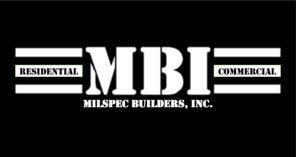 Logo of Milspec Builders, Inc. (MBI), featuring bold white text on a black background with "Residential" to the left and "Commercial" to the right.